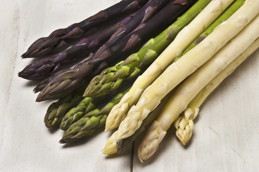 White, green, and purple asparagus
