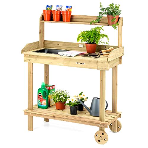 best-wooden-potting-bench Christow Wheeled Wooden Potting Table with Wheels