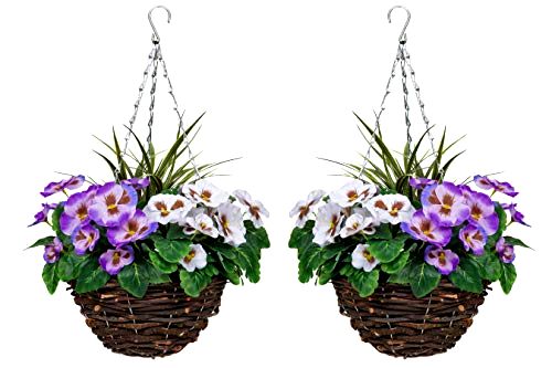 best-artificial-hanging-basket 2 x Artificial Hanging Baskets with Purple and White Flowers
