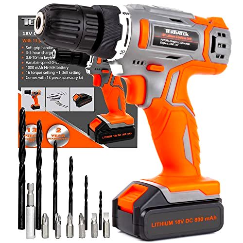 best-budget-cordless-drills Terratek Cordless Drill Driver 18V/20V-Max Lithium-Ion Combi Drill with Battery & Charger