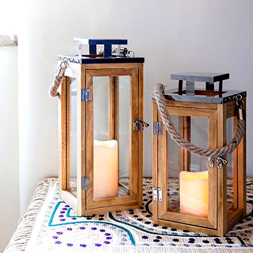 best-garden-lantern Lights4fun Large Wooden Battery Operated LED Candle Lantern 34cm with Rope Handle
